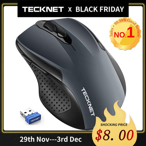 TeckNet Pro 2.4GHz Wireless Mouse Nano Receiver Ergonomic Mice 6 Buttons 2600DPI 5 Adjustment Levels for Computer Laptop Desktop